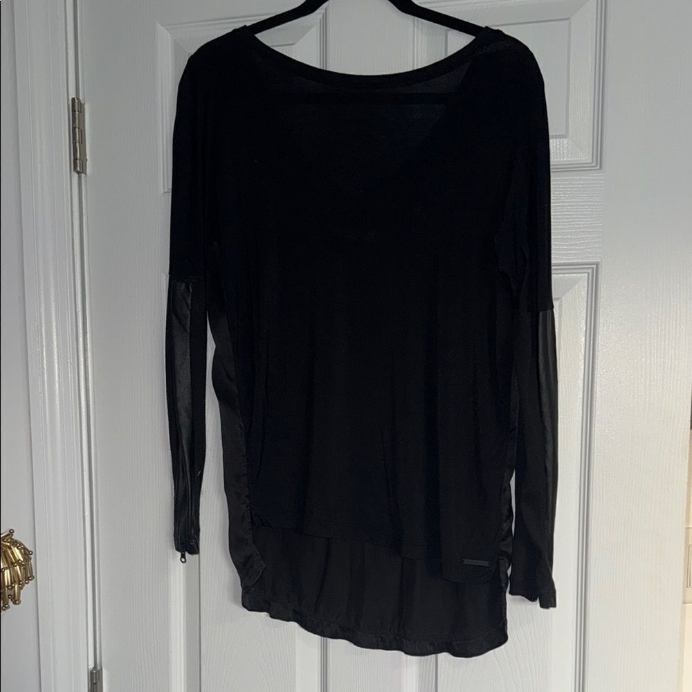 Elegant Black Women's Top - Leather Long Sleeve Shirt - Size Small